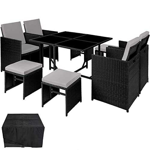 TecTake, TecTake 800820 Rattan Garden Dining Cube Set 4+4 Seats + 1 Table | incl. Protection Slipcover | Stainless Steel Screws (Black & Grey)