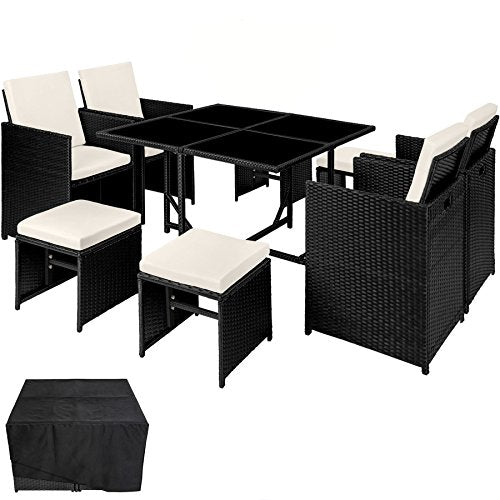 TecTake, TecTake 800820 Rattan Garden Dining Cube Set 4+4 Seats + 1 Table | incl. Protection Slipcover | Stainless Steel Screws (Black)