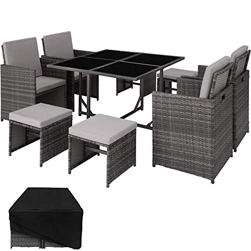 TecTake, TecTake 800820 Rattan Garden Dining Cube Set 4+4 Seats + 1 Table | incl. Protection Slipcover | Stainless Steel Screws (Grey)