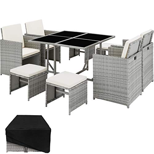 TecTake, TecTake 800820 Rattan Garden Dining Cube Set 4+4 Seats + 1 Table | incl. Protection Slipcover | Stainless Steel Screws (Light grey)