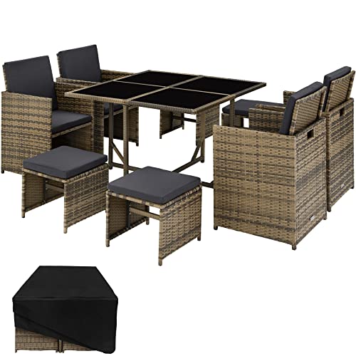 TecTake, TecTake 800820 Rattan Garden Dining Cube Set 4+4 Seats + 1 Table | incl. Protection Slipcover | Stainless Steel Screws (Natural)