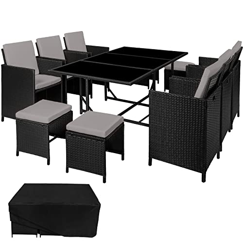 TecTake, TecTake 800821 Rattan Garden Dining Set | 6 Chairs + 4 Stools + 1 Table | incl. Protection Slipcover | Stainless Steel Screws (Black & Grey)