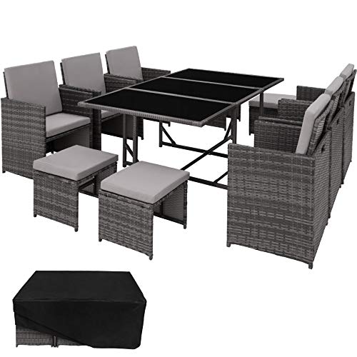 TecTake, TecTake 800821 Rattan Garden Dining Set | 6 Chairs + 4 Stools + 1 Table | incl. Protection Slipcover | Stainless Steel Screws (Grey)