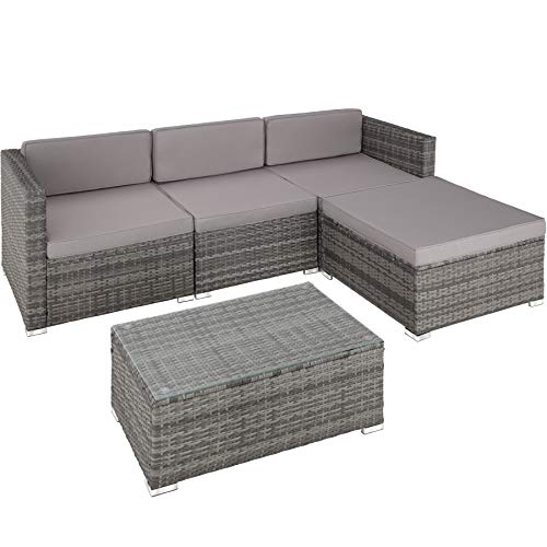 TecTake, TecTake 800822 - Rattan Seating Set, 3 Seats, 1 Stool, 1 Table Glass Top, Seat and Back Cushions, with Stainless Steel Screws (Grey)