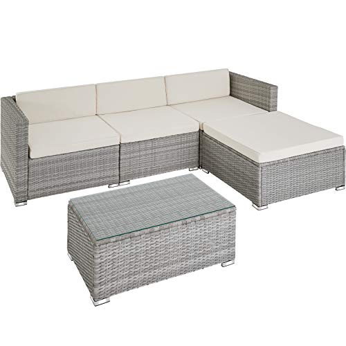 TecTake, TecTake 800822 - Rattan Seating Set, 3 Seats, 1 Stool, 1 Table Glass Top, Seat and Back Cushions, with Stainless Steel Screws (Light Grey)