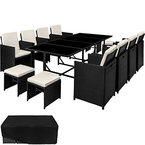 TecTake, TecTake 800823 Rattan Garden Dining Set | 8 Chairs + 4 Stools + 1 Table | incl. Protection Slipcover | Stainless Steel Screws (Black)