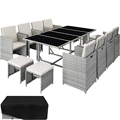 TecTake, TecTake 800823 Rattan Garden Dining Set | 8 Chairs + 4 Stools + 1 Table | incl. Protection Slipcover | Stainless Steel Screws (Light Grey)