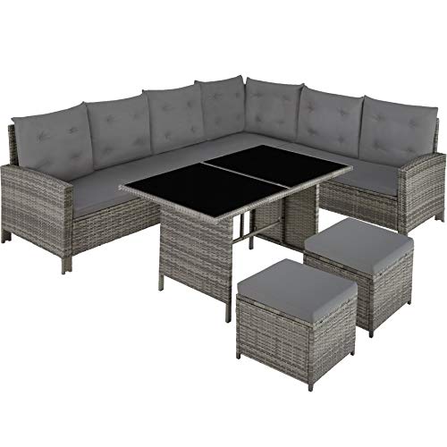 TecTake, TecTake 800824 Rattan Garden Furniture Set with Corner Sofa, Table and Stool, Outdoor Patio Dining Set, 5 Piece Seating Set, Inc. Seat- and Back