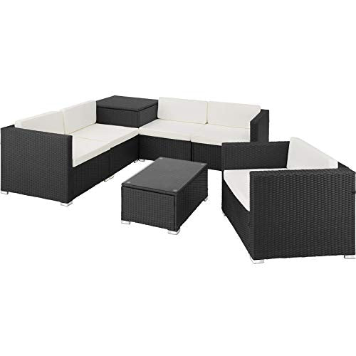 TecTake, TecTake 800825 - XXL Rattan Seating Set, Limitless Combinations, Practical Storage Box for Cushions, Table with Glass Top (Black)