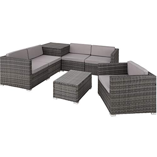 TecTake, TecTake 800825 - XXL Rattan Seating Set, Limitless Combinations, Practical Storage Box for Cushions, Table with Glass Top (Grey)