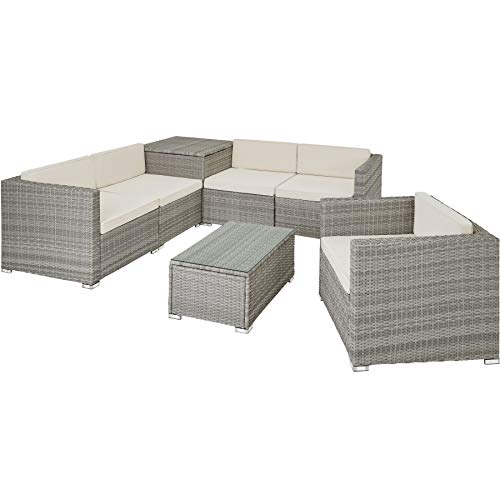 TecTake, TecTake 800825 - XXL Rattan Seating Set, Limitless Combinations, Practical Storage Box for Cushions, Table with Glass Top (Light Grey)