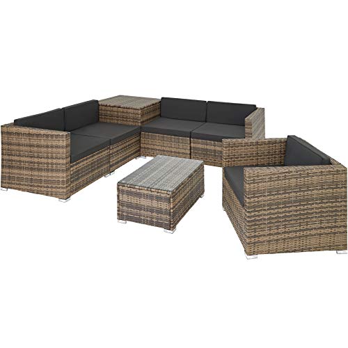TecTake, TecTake 800825 - XXL Rattan Seating Set, Limitless Combinations, Practical Storage Box for Cushions, Table with Glass Top (Natural)