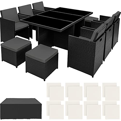 TecTake, TecTake 800855 Rattan Aluminium Garden Furniture Set Outdoor Wicker Black 6+4 Seats + 1 Table (Black)