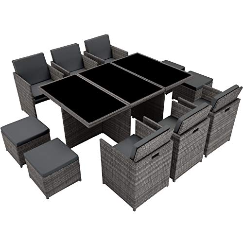 TecTake, TecTake 800855 Rattan Aluminium Garden Furniture Set Outdoor Wicker Black 6+4 Seats + 1 Table (Grey)