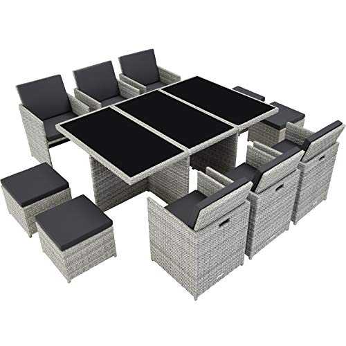 TecTake, TecTake 800855 Rattan Aluminium Garden Furniture Set Outdoor Wicker Black 6+4 Seats + 1 Table (Light Grey)