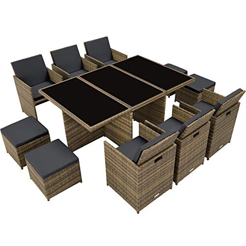 TecTake, TecTake 800855 Rattan Aluminium Garden Furniture Set Outdoor Wicker Black 6+4 Seats + 1 Table (Natural)
