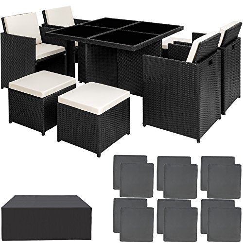 TecTake, TecTake 800857 Rattan Aluminium Garden Dining Cube Set 4+4 Seats + 1 Table incl. Protection Slipcover + 2 Sets for Exchanging Upholstery
