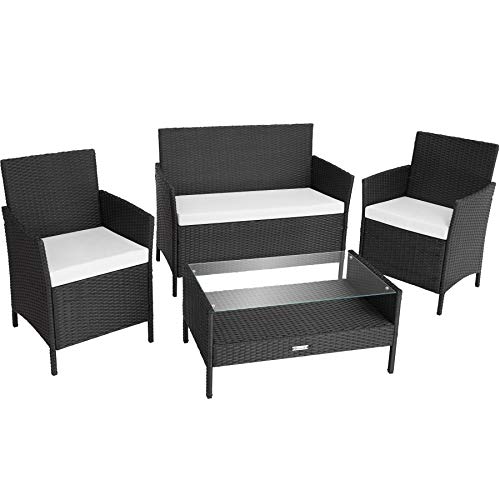 TecTake, TecTake 800894 Rattan garden furniture set with coffee table, sofa and 2 chairs + seat cushions ideal for a balcony, patio, terrace or garden (Black)