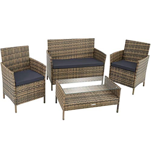 TecTake, TecTake 800894 Rattan garden furniture set with coffee table, sofa and 2 chairs + seat cushions ideal for a balcony, patio, terrace or garden (Nature)