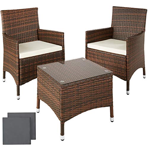TecTake, TecTake Aluminium Poly Rattan garden furniture wicker set with glass table +2 sets for exchanging the upholstery, stainless steel screws (Black-Brown)