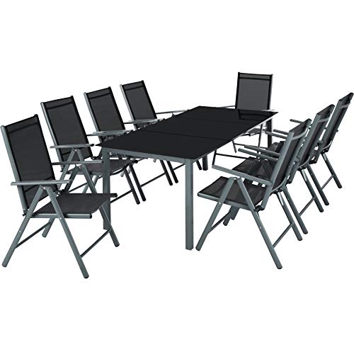 TacTake, TecTake Aluminium garden furniture set 8+1 table and chairs set tabletop made of glass dark grey (Dark grey | No. 402164)