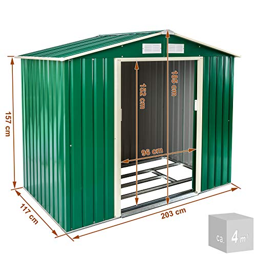 TecTake, TecTake Garden Pent Metal Shed Greenhouse Tool Storage with Double Doors Saddle Roof | 214x130x185 cm | with Foundation | grey
