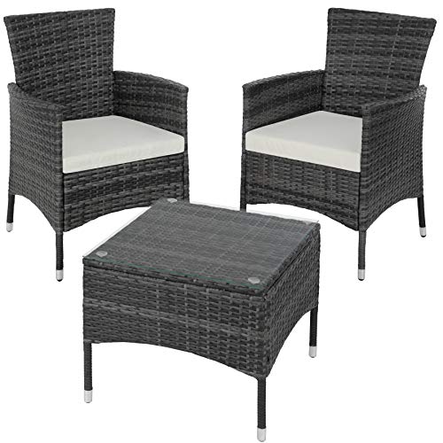 TecTake, TecTake Poly Rattan Garden Set | 2 Chairs and Small Table with Glass top | Robust Steel Frame - Different Colours - (Grey | No. 402864)