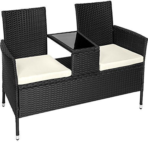 TecTake, TecTake Poly rattan bench with glass table 2 seats with cushions (Black | No. 401547)