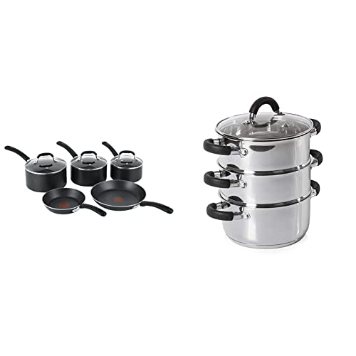 Tefal, Tefal E857S544 Premium Non-Stick Cookware Set with Induction, 5 Pieces - Black & Tower T80836 Essentials Induction Steamer Pans 3 Tier