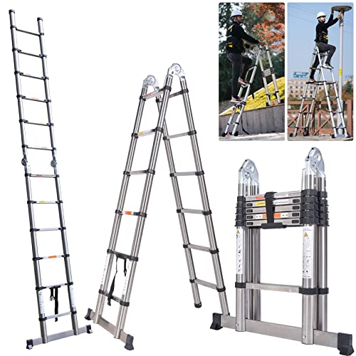 DICN, Telescopic Folding Ladder 1.9M+1.9M Multi Purpose Collapsible Concertina Loft Ladders, Stainless Steel A-Frame Ladder Heavy Duty