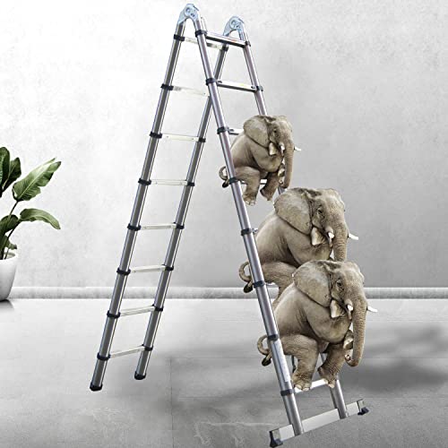 DICN, Telescopic Folding Ladder 2.5M+2.5M Multi Purpose Collapsible Concertina Loft Ladders, Stainless Steel A-Frame Ladder Heavy Duty