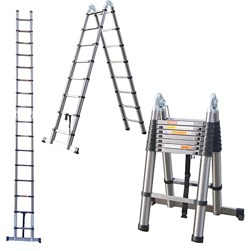 DICN, Telescopic Ladder 5M/ 16.5 Feet 150kg Capacity Stainless steel A-Frame Ladders Portable Light Weight Compact Save Space for Home DIY