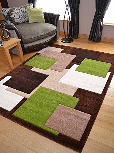 Rugs Supermarket, Tempo Brown Green Square Design Thick Quality Modern Carved Rugs. Available in 6 Sizes (120cm x 170cm)