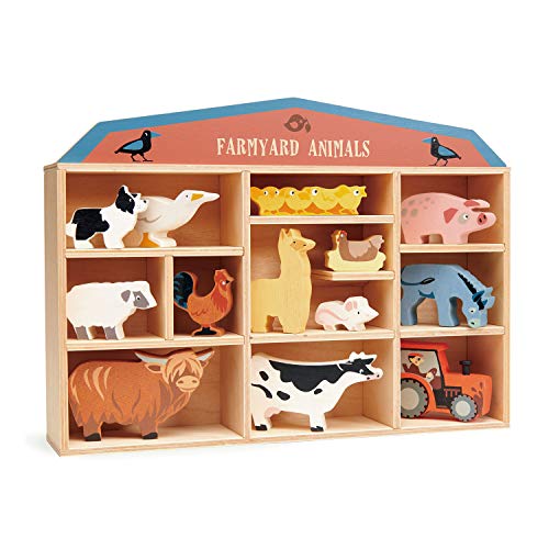 Tender Leaf Toys, Tender Leaf Toys Wooden Farm Yard Animal Shelf With Dog, Goose, Sheep, Rooster, Chicken, Cow, Chicks, Alpaca, Mouse, Pig, Donkey and Tractor Toy