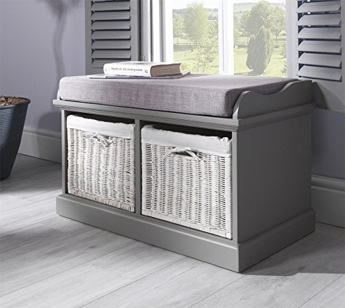 Tetbury, Tetbury Grey Bench with 2 White Baskets. Hallway storage bench with matching cushion seat. Very sturdy, FULLY ASSEMBLED