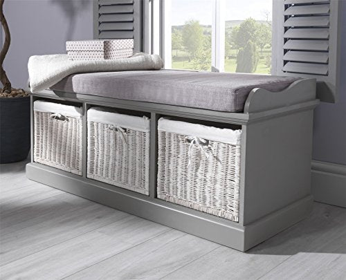 Tetbury, Tetbury Grey Storage Bench with 3 white baskets. Lovely matte grey bench with cushion and storage baskets. Fully Assembled