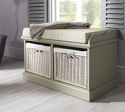 Tetbury, Tetbury Sage Green Bench with 2 White baskets. Fully assembled storage bench in lovely sage colour. Very Sturdy