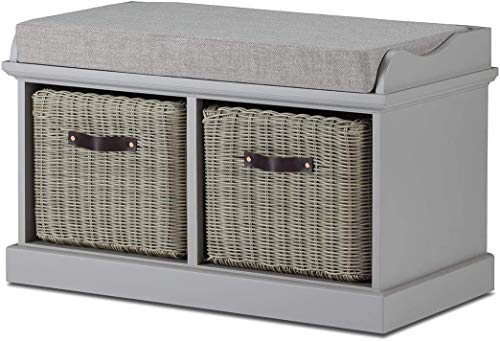 Tetbury Furniture, Tetbury grey storage bench with 2 baskets with leather handles and grey cushion seat