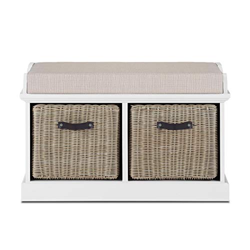 Tetbury Furniture, Tetbury white hallway bench with 2 deep brown baskets and cushion seat