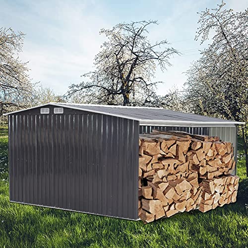 The Fellie, The Fellie 10x8ft Garden Storage Shed, Galvanized Metal Tool Storage Room with Roof, Door and Firewood Log Storage For Outdoor Garden