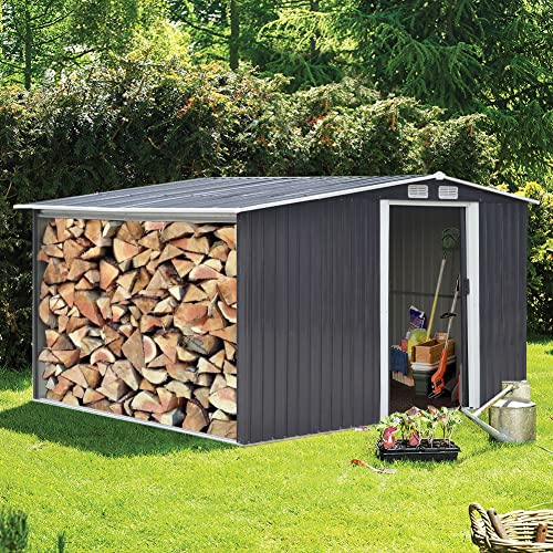 The Fellie, The Fellie Metal Garden Storage Shed, 8x8ft Galvanized Tool Storage House with Door and Firewood Log Storage for Garden Patio Outdoor