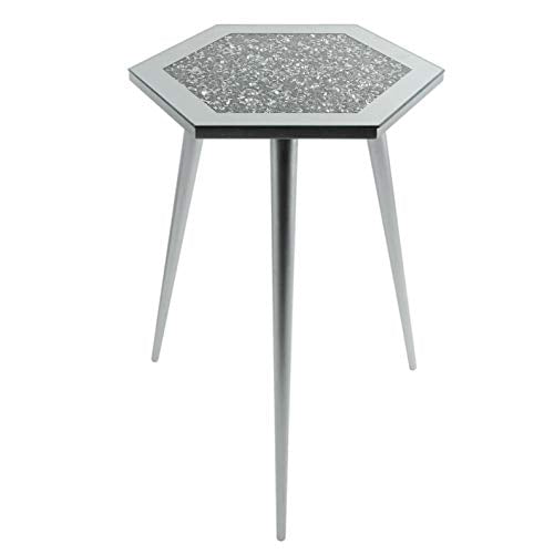 The Leonardo Collection, The Leonardo Collection Mirrored Glass Side Table Crystal Diamante Inlaid Top Silver Legs Hexagonal Large