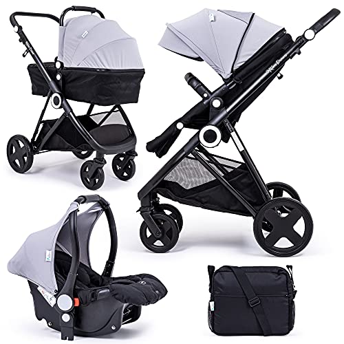 For-your-Little-One, The Million Dreams 3 in 1 Travel System - Grey inc Pushchair, Newborn Car Seat, Separate Carrycot, Changing Bag with Mat, Raincover and Apron