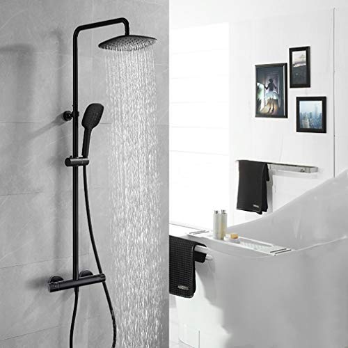 PHASAT, Thermostatic Shower Set,Black Exposed Thermostatic Shower System with Rain Shower Head and Hand Shower,Height and Angle Adjustable,PHASAT SB04