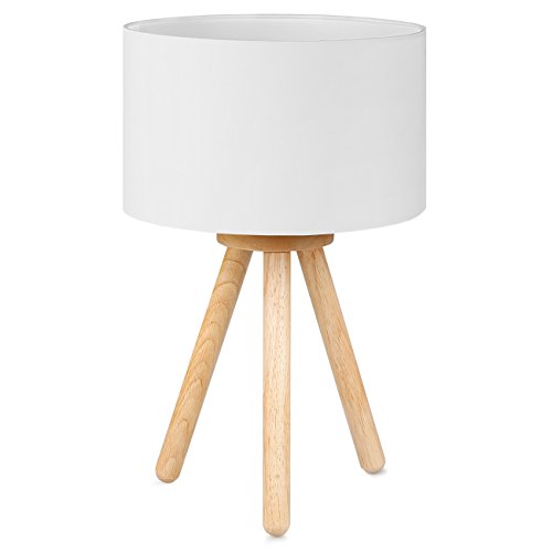 tomons, Tomons Wood Tripod Bedside Lamp, Simple Design with Soft Light for Bedroom Decorated in Warm and Cozy Ambience, Polyester White Fabric Lampshade, Packaged with 4W LED Bulb, Warm White Light, 39cm High