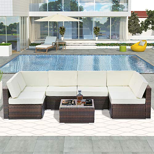Topchances, Topchances Patio Outdoor Furniture Sets, All-Weather Rattan Sectional Sofa with Tea Table & Washable Couch Cushions for Patio