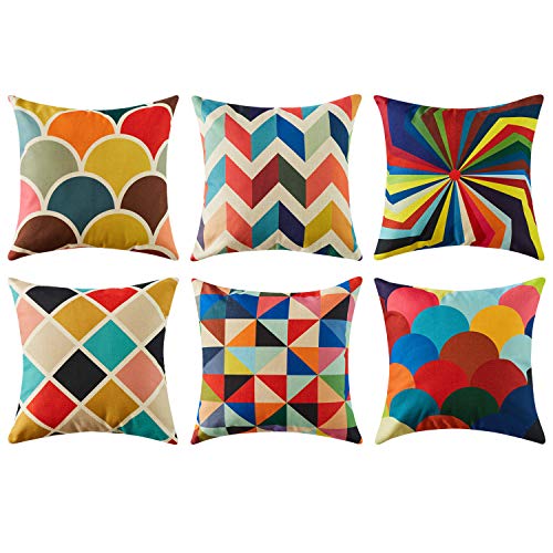 Topfinel, Topfinel Colorful Geometric Cushion Cover 18 x 18 Inch Cotton Linen Home Decorative Square for Sofa Throw Pillow Case, 45cm x 45cm Pop Art Series 6 Pack