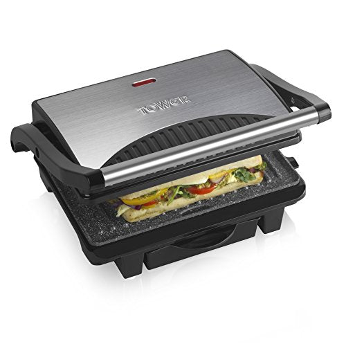 Tower, Tower 4-Portion Stainless Steel and Ceramic Health Grill and Griddle with Cerastone Coated Non-Stick Plates, 1000 W, Black