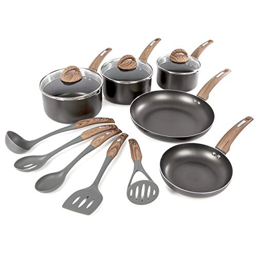 Tower, Tower Induction Frying Pan and Saucepan Set, Includes 5 Cooking Tools, Non Stick, Graphite/Brown, 5 Piece Pan Set