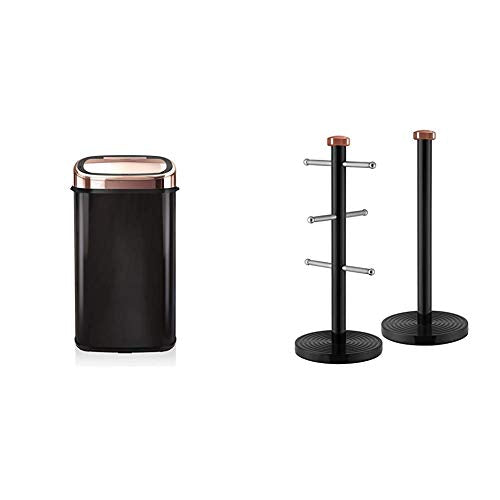 Tower, Tower Kitchen Bin Sensor Lid, 58 Litre, Black and Rose Gold & Linear Kitchen Roll Holder and Mug Tree with Weighted Base, Stainless Steel